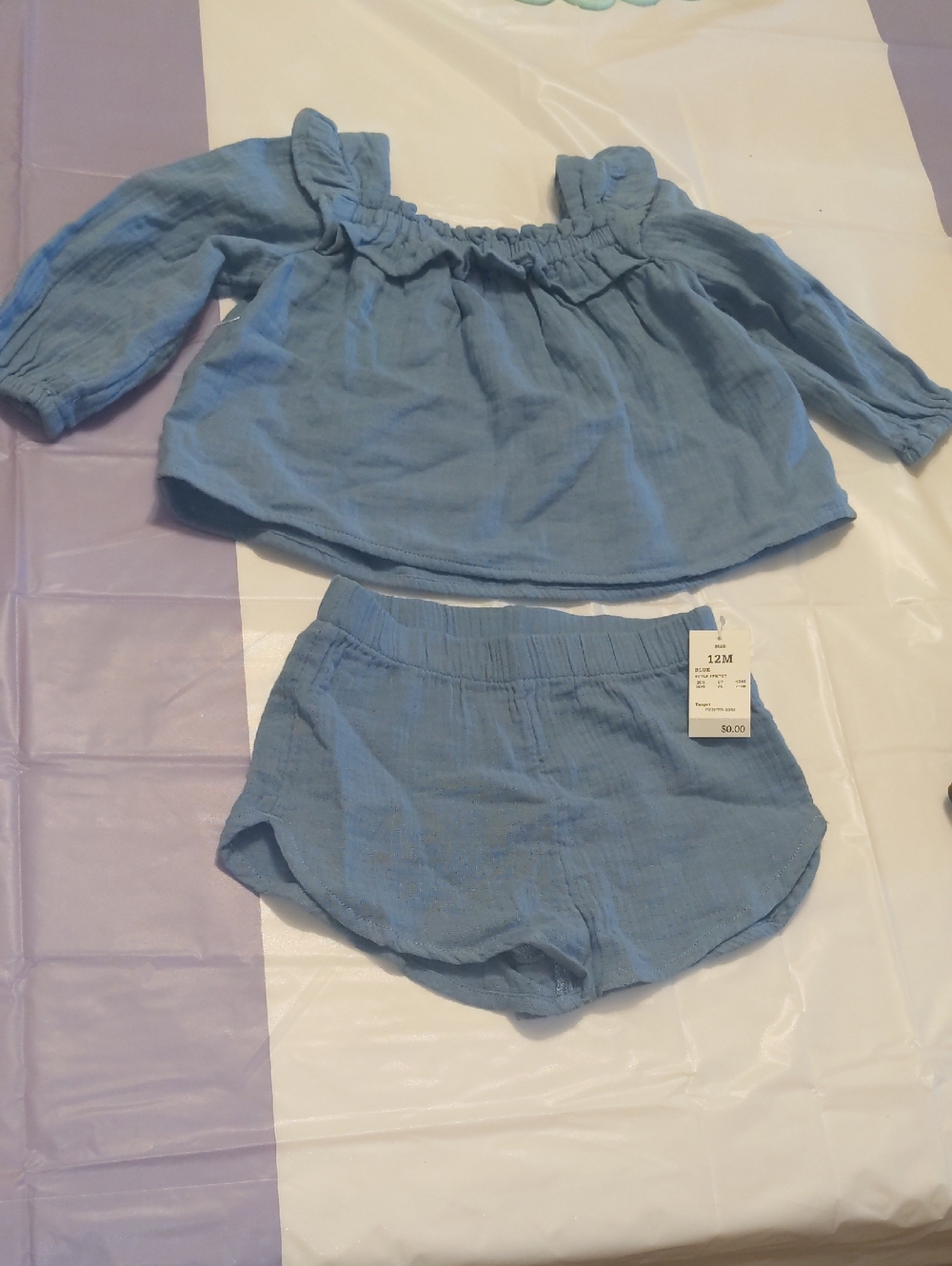 Baby Girl 12M Blue Gauze Outfit Set Top Shorts Chambray Summer